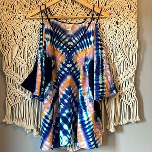 Trina Turk Tie Dye Rayon V-Neck Cold Shoulder Loose Fit Top Blouse